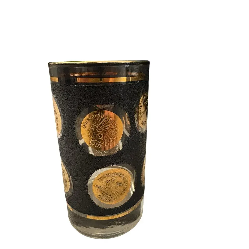 Libby Set 6 Black & Gold Liberty Coin Glasses Mid-century Modern Madmen Barware